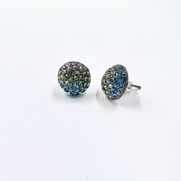Jewelry - Blue, Green & Clear Jeweled Domed Circle Gunmetal Tone Post Earrings